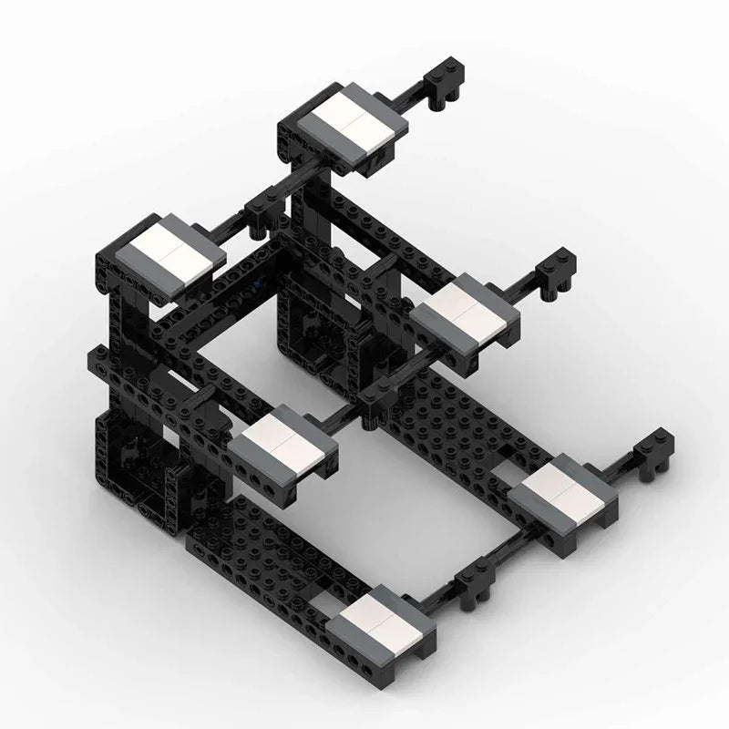 Black and white geometric structure made of interlocking bricks on a white background