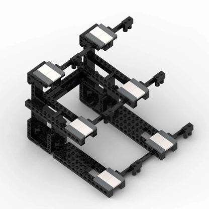 Black and white geometric structure made of interlocking bricks on a white background